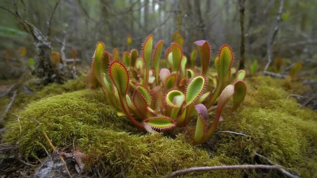 Venus Flytrap Carnivorous Plants in Natural Mossy Habitat