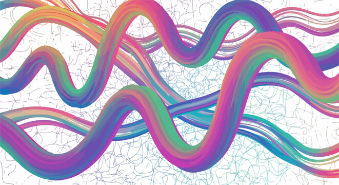 Illustration num&eacute;rique de rubans dynamiques aux couleurs de l'arc-en-ciel cr&eacute;ant un mouvement fluide et abstrait sur un fond blanc textur&eacute; de lignes.