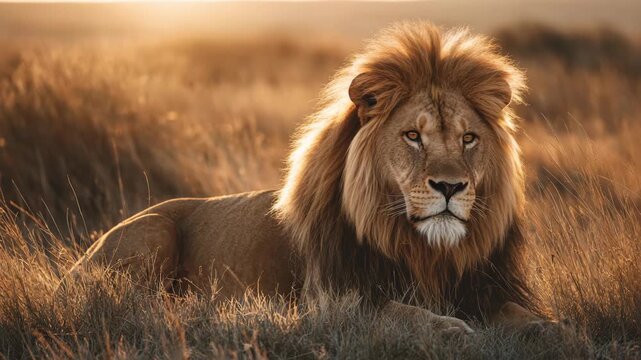 Majestic lion resting in golden savanna grass under warm sunlight symbolizing wildlife protection and natural dignity