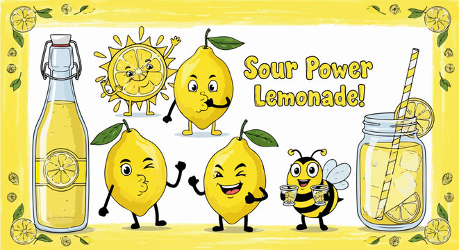Illustration de personnages de citrons rigolos pour une limonade rafra&icirc;chissante avec une abeille souriante et un soleil &eacute;clatant sur fond jaune.