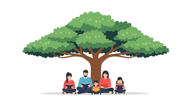 Family Reading Books Under Large Tree Shade