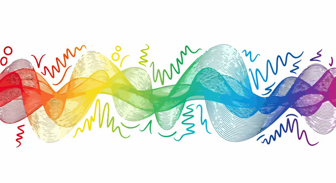 Illustration abstraite d'une onde sonore dynamique avec un d&eacute;grad&eacute; arc-en-ciel et des lignes ondul&eacute;es sur un fond blanc &eacute;pur&eacute; pour projets cr&eacute;atifs.