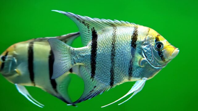 A beautiful angelfish with prominent black stripes swims gracefully against a vibrant green background, showcasing its elegant fins and striking patterns.