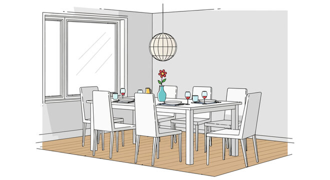 Modern Dining Room Sketch: Table, Chairs, Pendant Light, Window View