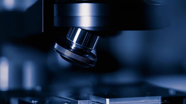 Scientific instrument focusing on a glass slide, conducting detailed research in a modern laboratory environment, highlighting microscopic analysis and advanced technology