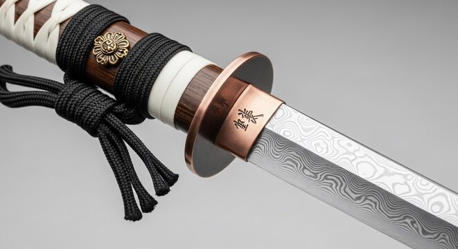 Close-up of a Traditional Japanese Katana Sword Blade and Hilt.
