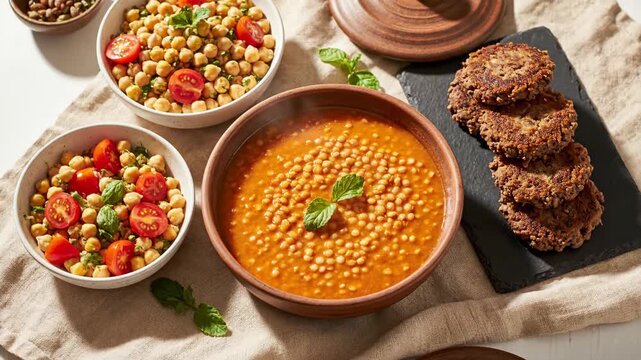 Bowls of chickpea salad, lentil soup, and savory cutlets on a table