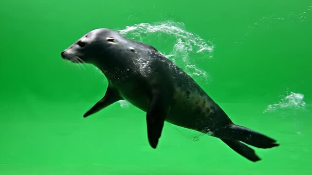 A sleek grey seal gracefully glides through vibrant green water, creating small ripples around its head.