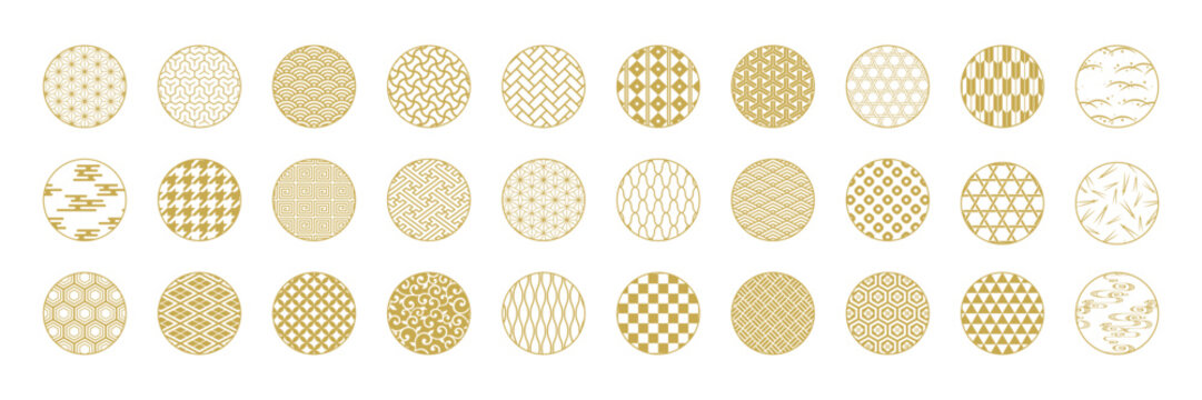 和柄 丸パターンセット 金色 日本伝統文様 高級感 円形ベクター素材 青海波 麻の葉 市松