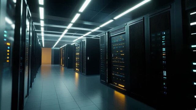 Server room interior presenting numerous racks hosting computer servers and flashing network lights. Representing modern digital infrastructure. Cloud computing. And massive data storage capabilities