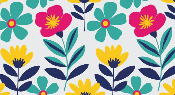 Colorful Floral Pattern Design Featuring Yellow, Pink, and Teal Flowers with Green Leaves