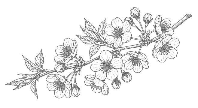 cherry blossom branch with flowers and leaves