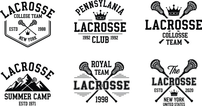 Vintage lacrosse logo set with crossed sticks crowns and mountain graphics for college team branding summer camp apparel and athletic club emblems.