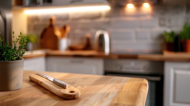 Modern Kitchen with Wooden Countertop and Knife on Cutting Board Surrounded by Fresh Green Plants