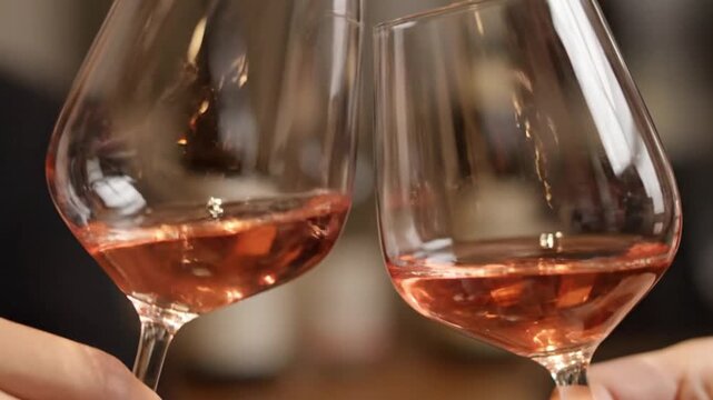 Two Wine Glasses with Ros&eacute; Wine Clinking Close Up Celebration Moment