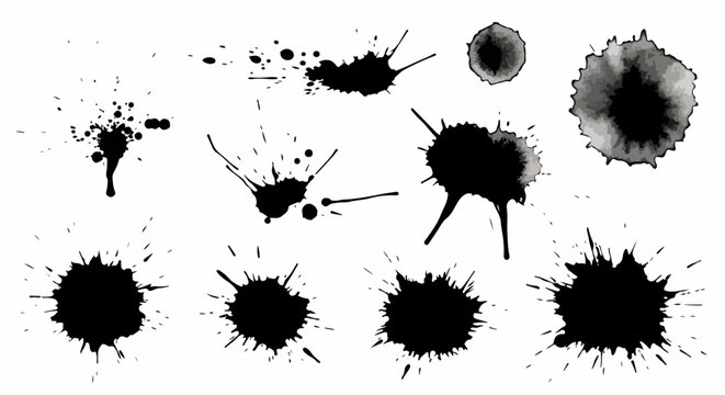 白い背景に描かれた様々な形状の黒いインクの飛沫と汚れのセット。手書き風のアーティスティックなデザイン素材として、ポスターやウェブサイトの背景、テクスチャ、グラフィックデザインのアクセントに最適な、力強くダイナミックな墨汁のしぶきとドリップのベクターイラストレーション。
