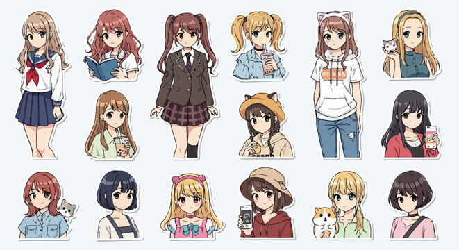 様々なファッションやヘアスタイルの可愛いアニメの女の子のキャラクターが描かれたステッカーセットのイラストです。制服、カジュアルな服、帽子を被った姿など、多彩なバリエーションが白背景に並んでおり、デザイン素材やデコレーションに最適です。