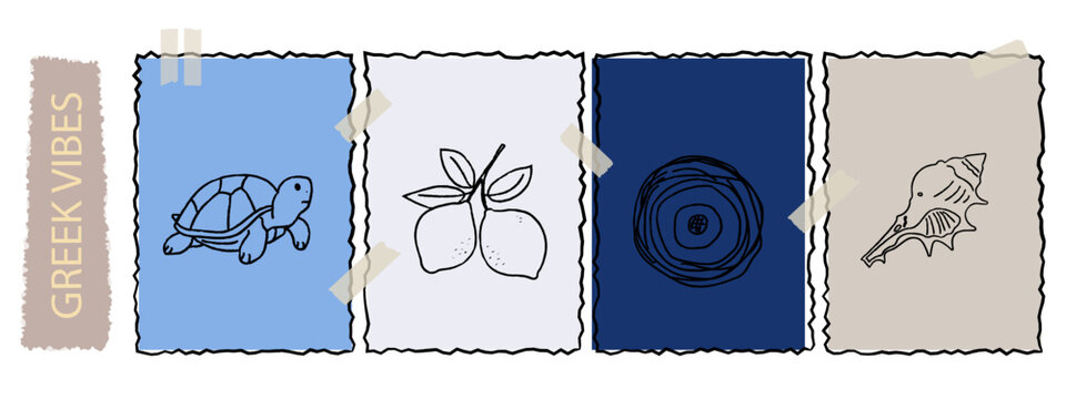 Greece flashcards set with hand drawn. Educational pages featuring ancient Greek column, toucan bird, shell, citrus fruits in line art style. Learning cards with torn paper edges and taped effect.