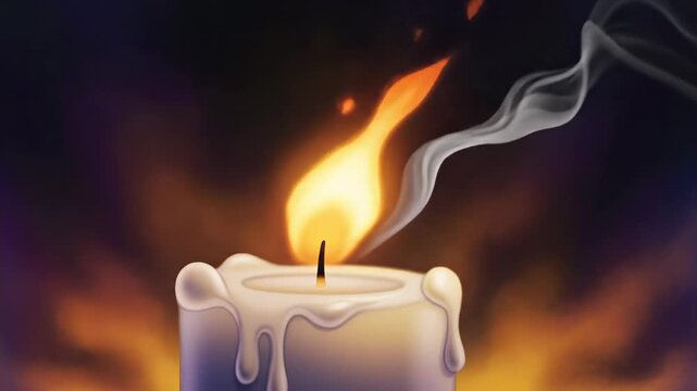 a white candle with a flame burning.