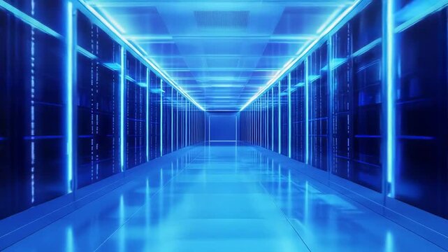 Data center corridor lined with glowing blue server racks, evoking futuristic cloud computing, high speed networks, ai processing, digital storage and secure infrastructure concepts