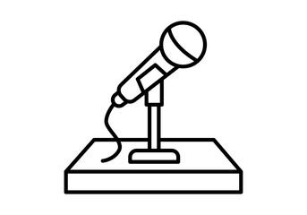 Icono lineal de un micrófono con cable sobre un soporte en un podio para conceptos de conferencias o discursos