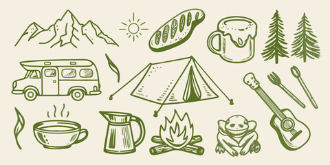 Hand drawn camping elements including a van and tent silhouette © Suvro