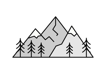 Obraz premium Icono lineal de picos de montaña con cimas nevadas y bosque de pinos