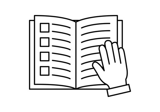 Icono de mano sobre un libro abierto con lista de tareas en estilo lineal minimalista 