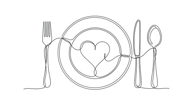 Romantic dinner cutlery heart shape love food line art design
