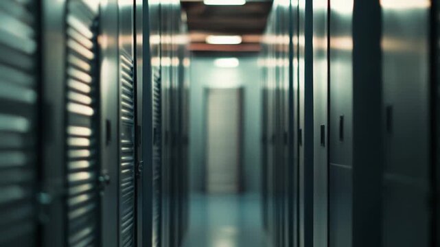 Server racks lining a long corridor, suggesting a large data center or cloud computing facility, emphasizing digital infrastructure, technology, and information storage concepts
