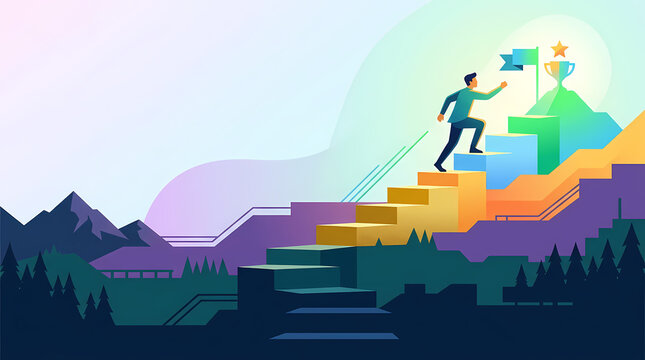 Person climbs colorful stairs to reach success goals