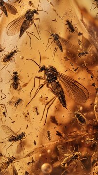 Insects preserved in amber fossil macro shot with earth science