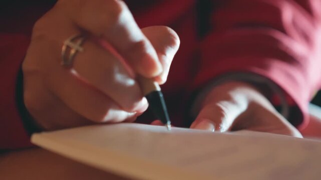 Closeup hand writing in notebook, warm light, rings on fingers, black pen gliding across lined paper, red sweater sleeve, private journaling session, reflective mood, slow pen strokes, paper texture,