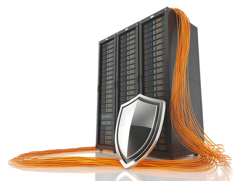 Server Racks with Shield and Orange Cables Data Center Security Concept Studio Shot White Background