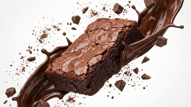 Delicious chocolate brownie with a rich chocolate splash and flying crumbs.