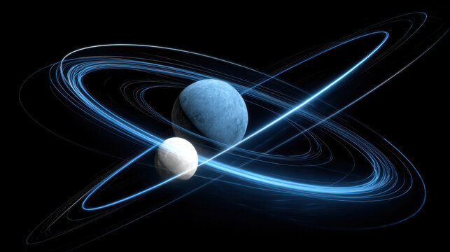Space planet moon orbit neon blue glowing ring abstract cosmic Futuristic abstract space scene with glowing blue orbit ring around planet and moon in dark cosmic background