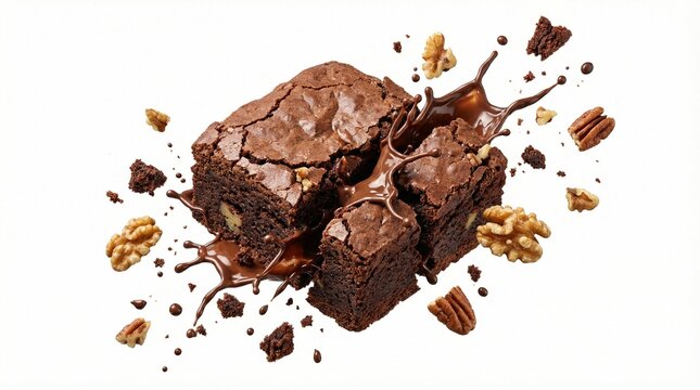 Exploding chocolate brownies with nuts and caramel sauce.