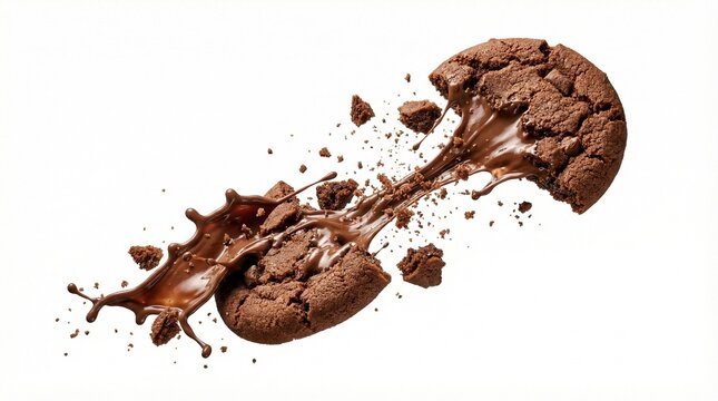 Exploding chocolate cookie with gooey filling and crumbs on a white background.