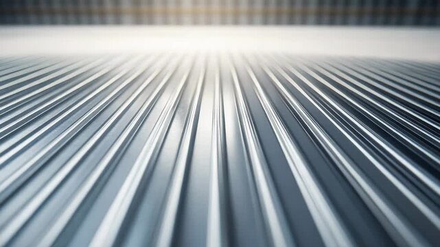 Corrugated metal surface reflecting light, featuring a repeating pattern of parallel lines and ridges, creating a textured background with depth and industrial aesthetics