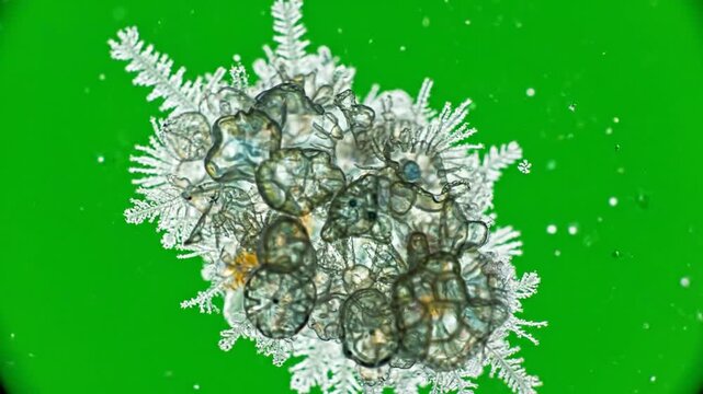 Microscopic view of a complex aquatic microorganism with intricate internal structures and a spiky outer layer against a vibrant green background.