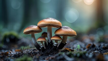 Fototapeta premium Close-up view of a cluster of wild mushrooms in a forest floor
