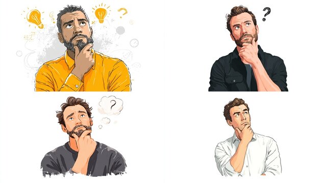 Man thinking with hand on chin in different poses and outfits