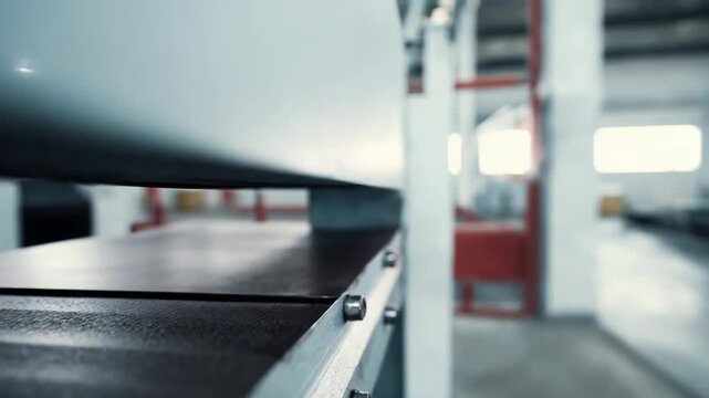 Industrial sheet metal bending machine featuring a close up of machinery parts and bolts, representing engineering, production, and modern manufacturing technology in a factory setting