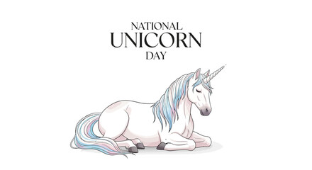 Illustration of a white unicorn with pastel mane and tail, lying down, for National Unicorn Day celebration with a fantasy theme. © Rizal