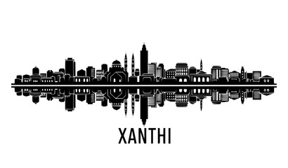 Obraz premium Xanthi Greece skyline reflection silhouette vector creative mirrored cityscape design isolated on white