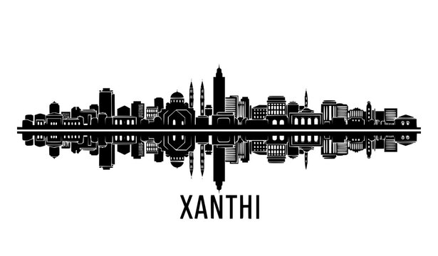 Xanthi Greece skyline reflection silhouette vector creative mirrored cityscape design isolated on white