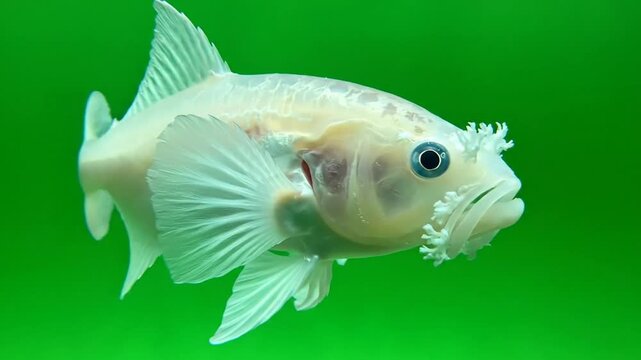 A close-up shot of a unique light-colored fish with frilly mouth and blue eyes against a vibrant green background.