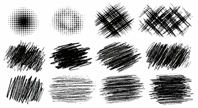 Cole&ccedil;&atilde;o de texturas de rabiscos feitos &agrave; m&atilde;o com caneta preta, incluindo tons de meio-tom e hachuras cruzadas para design gr&aacute;fico art&iacute;stico e criativo.