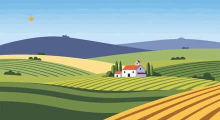 Naklejka premium Ilustração vetorial plana de uma paisagem rural com colinas onduladas verdes, uma pequena fazenda branca e montanhas sob o céu azul ensolarado.