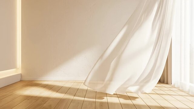 Minimalist interior with wooden floor, textured wall, and soft light.